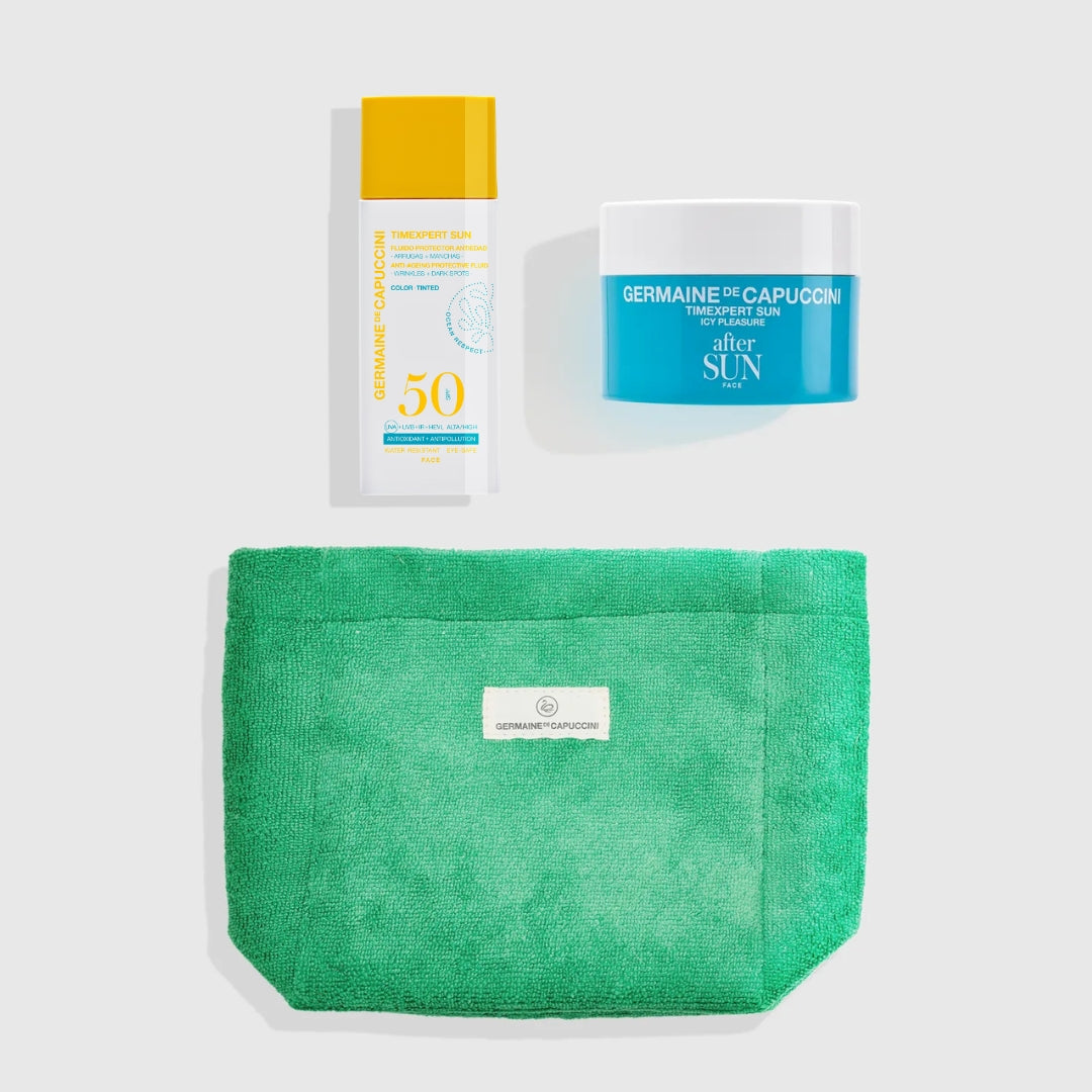 Pack Fluido Protettivo Anti-invecchiamento SPF50+ con colore + Doposole & Necessaire | Timexpert Sole 