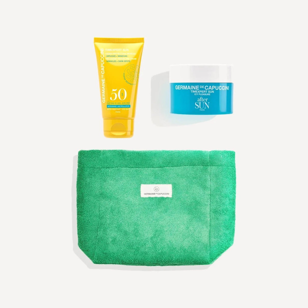 Paket za sunčanje Zaštitna krema protiv starenja SPF50+ + After Sun i toaletna torbica | Timexpert Sun